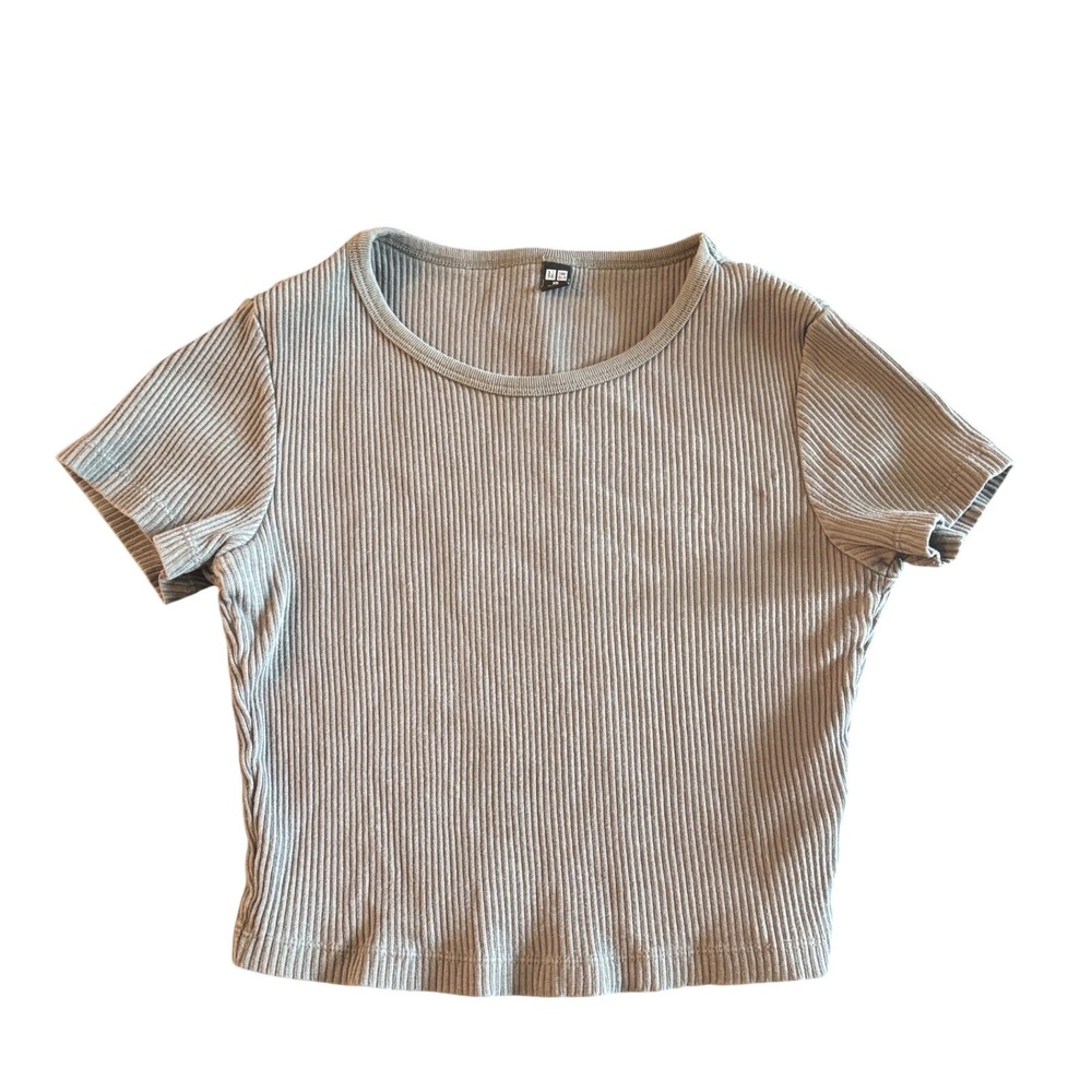 Uniqlo Ribbed Short Sleeve Crop Top Sage Green Crew Neck XS